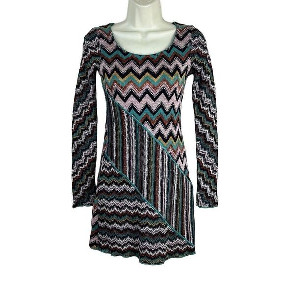 Missoni Dresses & Skirts - Missoni Vintage Y2K Metallic Teal Cheveron Zig Zag Patten Dress Size 0